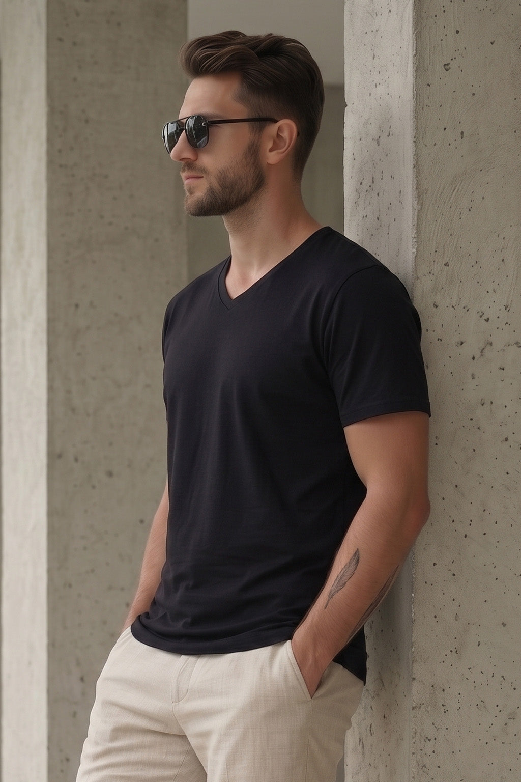 Black Plain V-Neck Regular Fit T-shirt