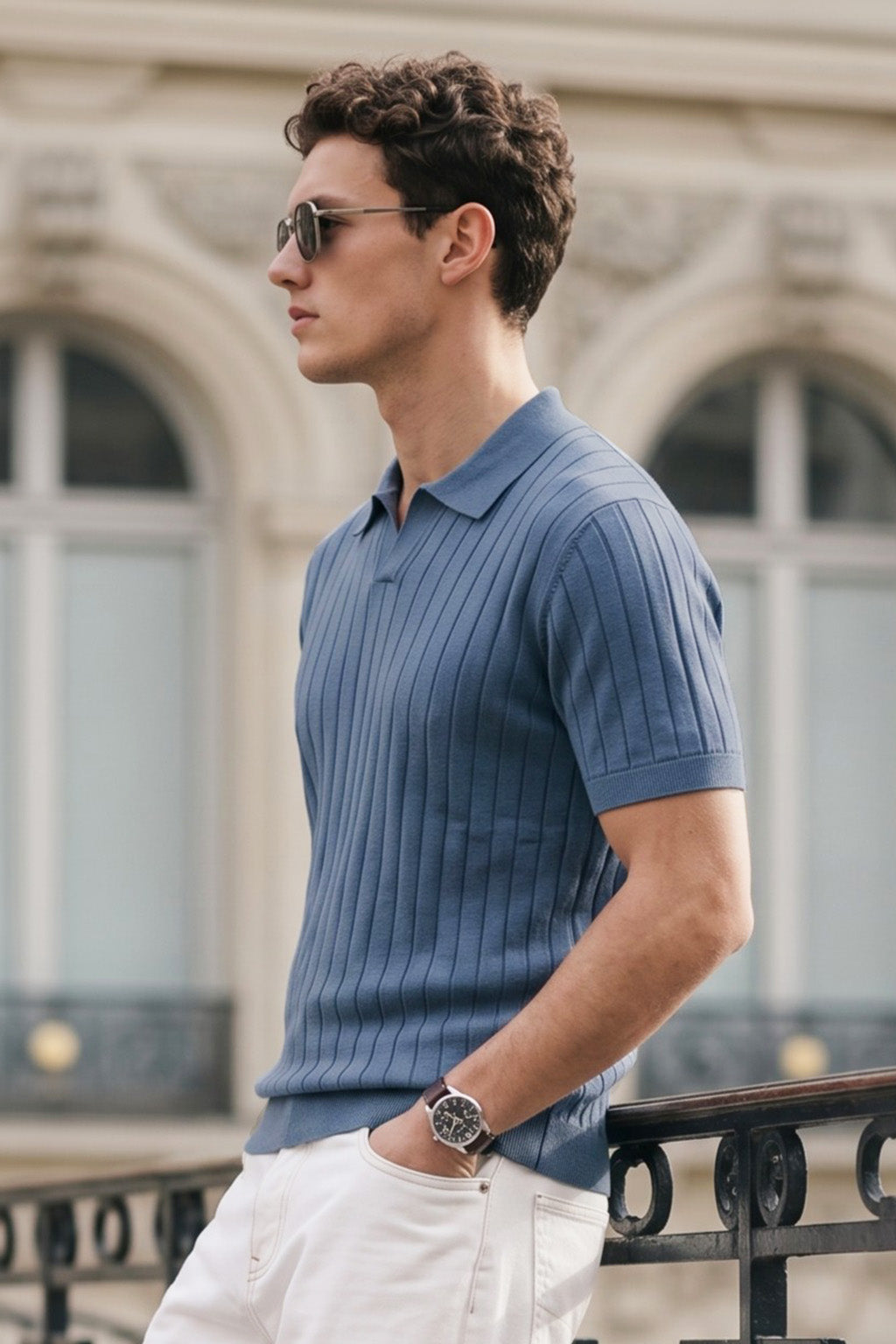 Blue Ribbed Flatknit Textured Regular Fit Exclusive Polo T-Shirt