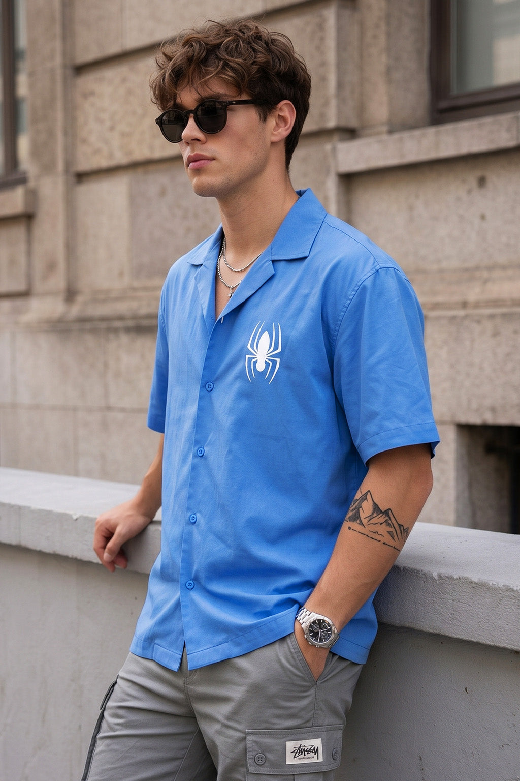 Spider Blue Oversized Printed Exclusive Shirt