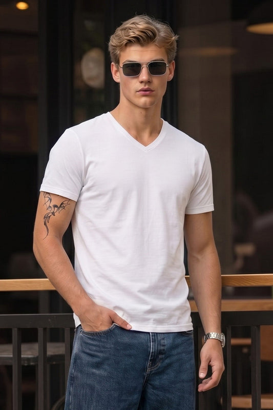 White Plain V-Neck Regular Fit T-shirt