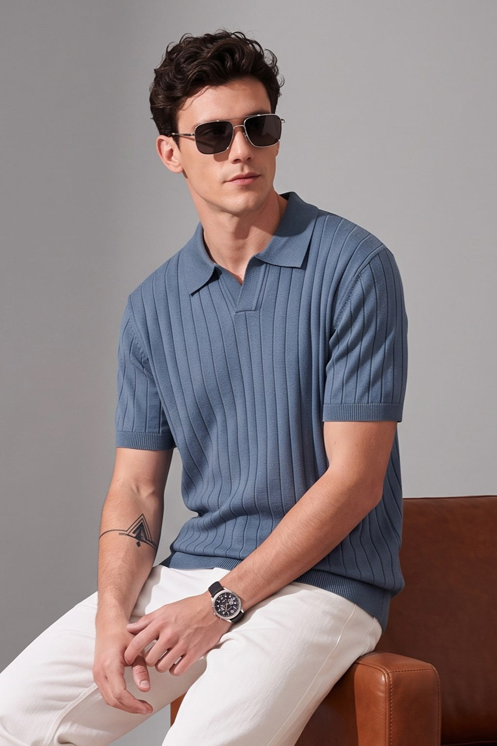 Blue Ribbed Flatknit Textured Regular Fit Exclusive Polo T-Shirt