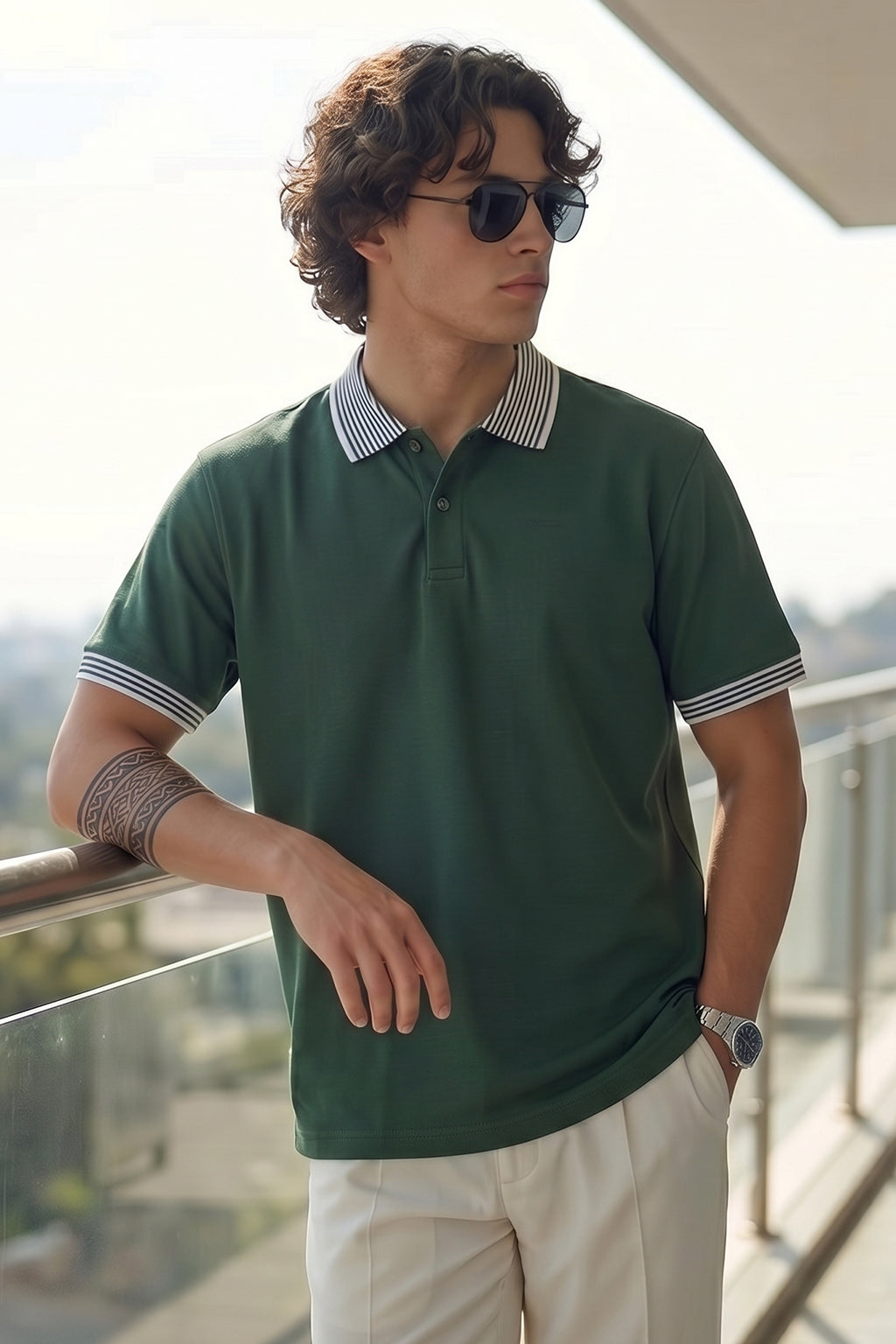 Olive Stripped Collar Regular Fit Exclusive Pique Lycra Polo T-Shirt
