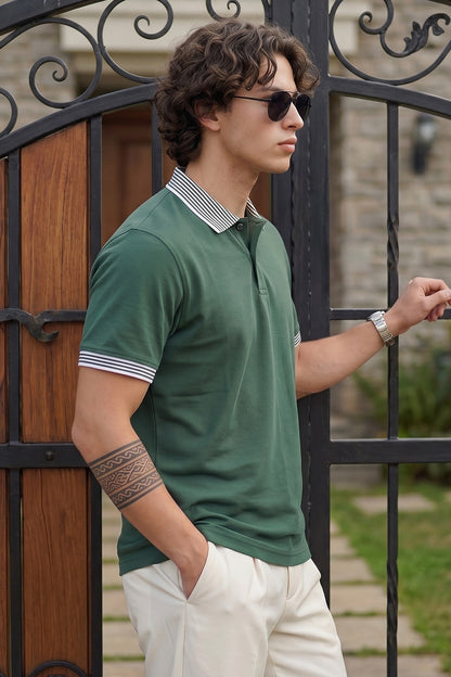 Olive Stripped Collar Regular Fit Exclusive Pique Lycra Polo T-Shirt