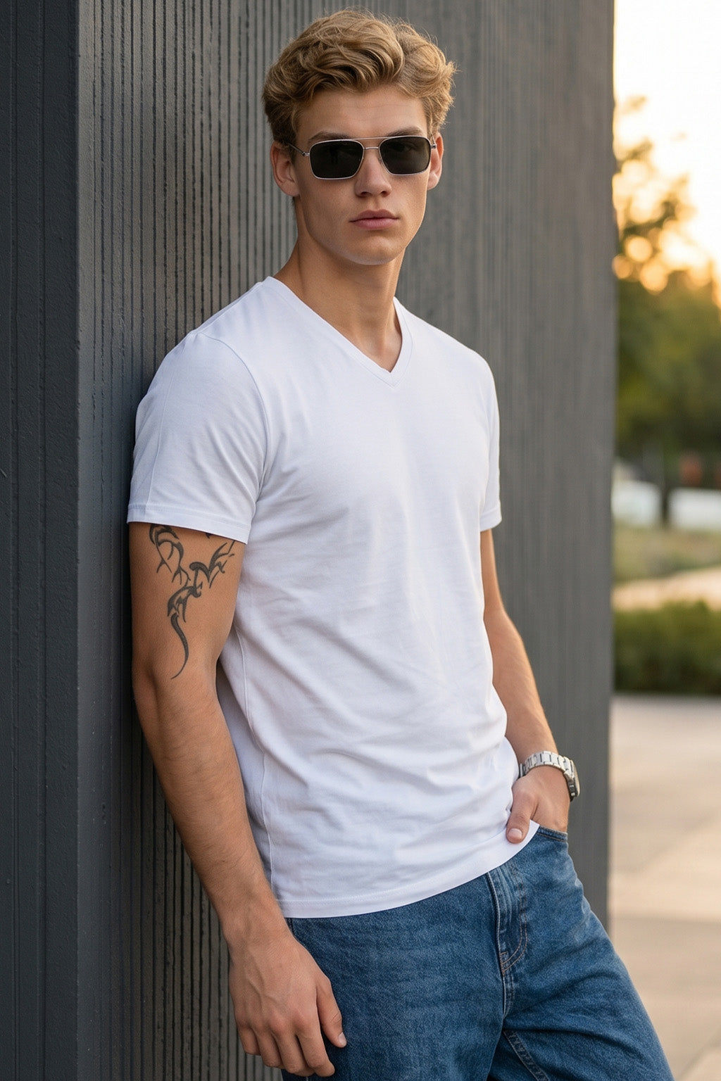 White Plain V-Neck Regular Fit T-shirt