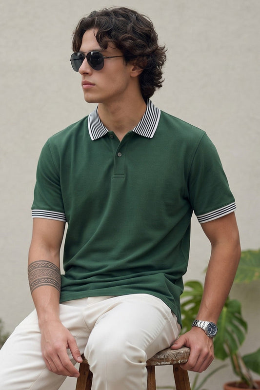 Olive Stripped Collar Regular Fit Exclusive Pique Lycra Polo T-Shirt