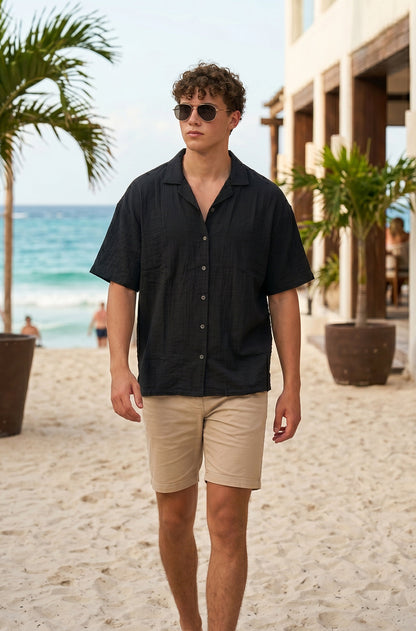 Feather Feel Black Oversized Plain Double Layer Exclusive Cotton Shirt