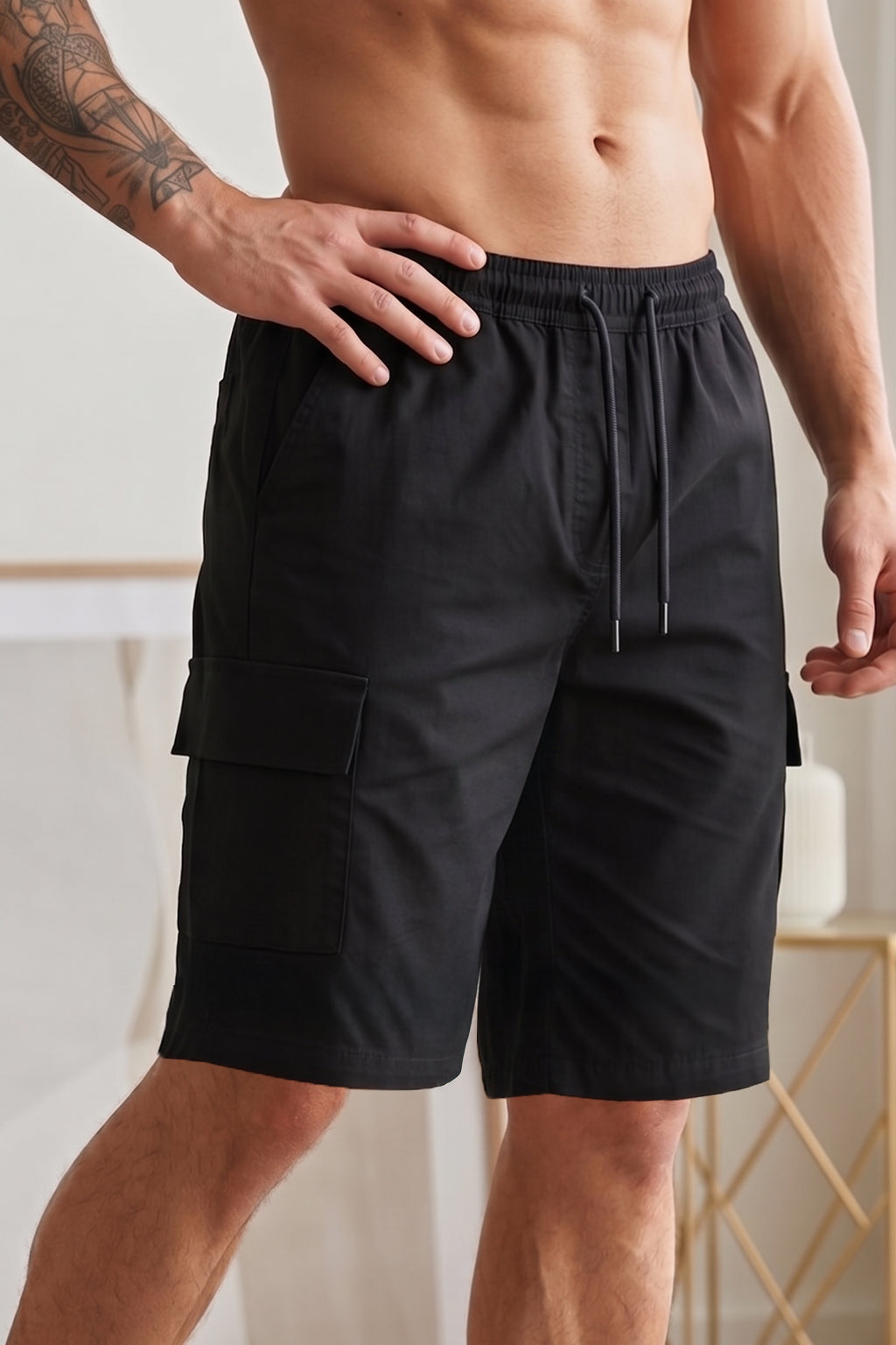 Veirdo Black Minimal Cargo Shorts with Drawstring