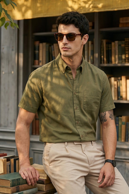 Olive Plain Regular Fit Half Sleeve Single Pocket Exclusive Shirt