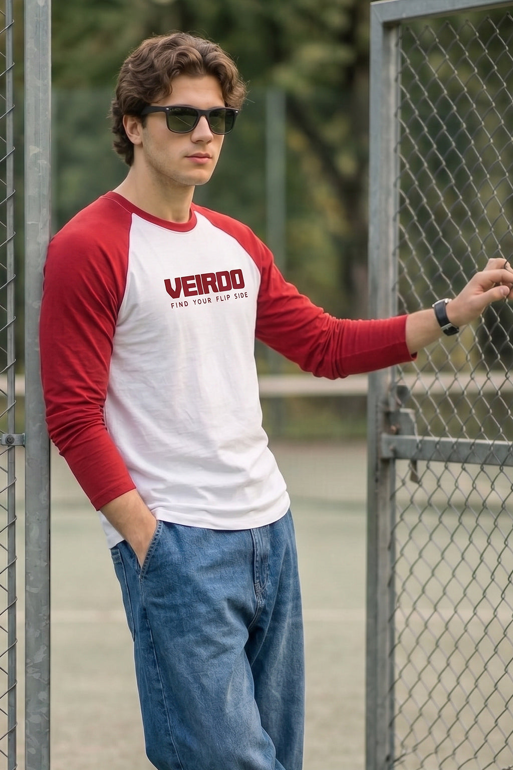 Veirdo White & Red Raglan Full Sleeve Printed T-shirt