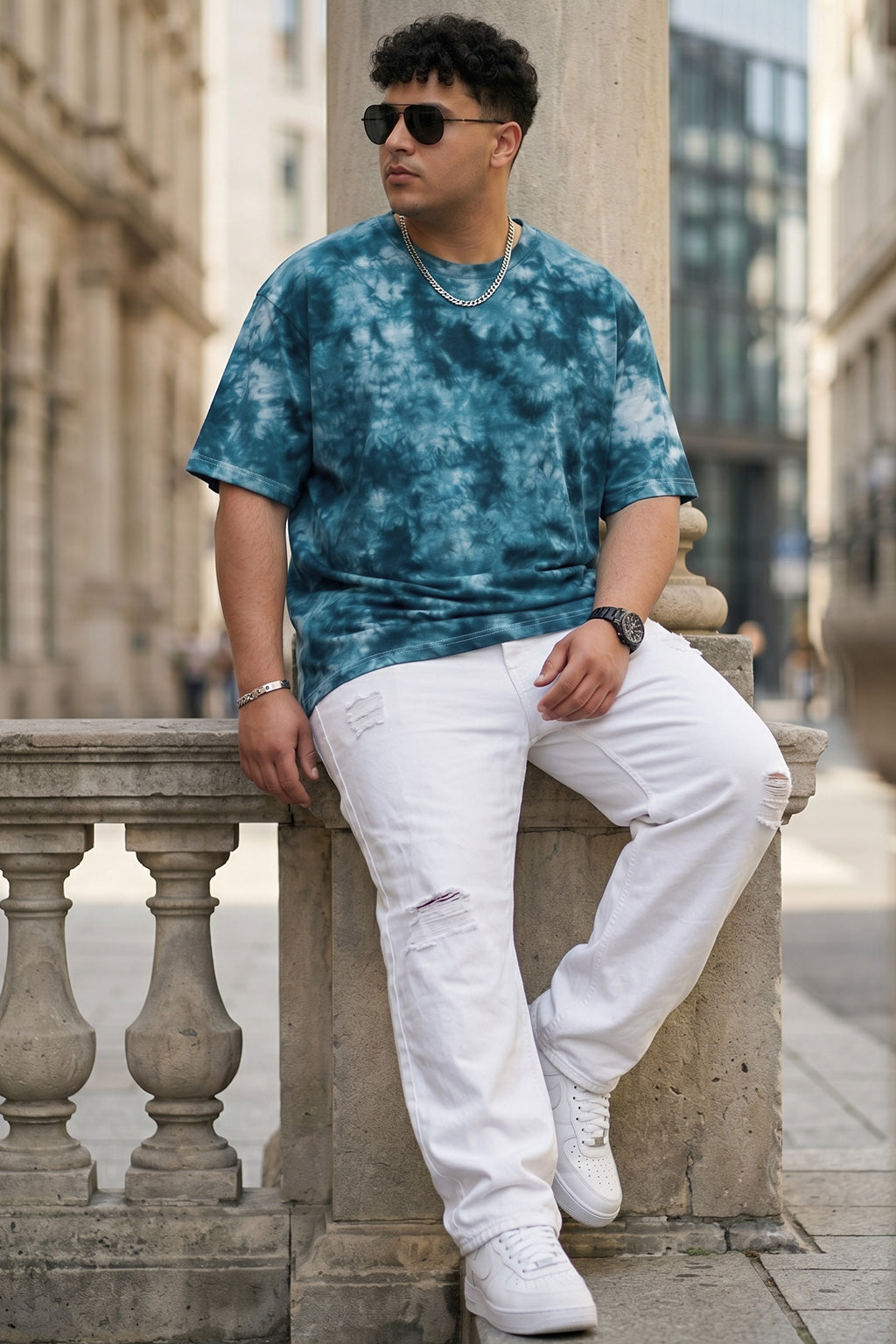 Blue Tie-Die Printed Plus Size T-shirt