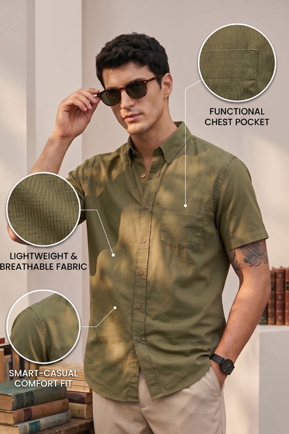 Olive Plain Regular Fit Half Sleeve Single Pocket Exclusive Shirt