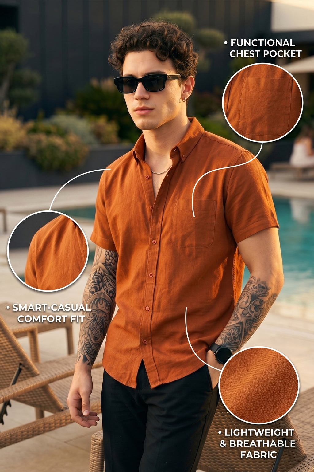 Rust Plain Regular Fit Half Sleeve Single Pocket Exclusive Shirt