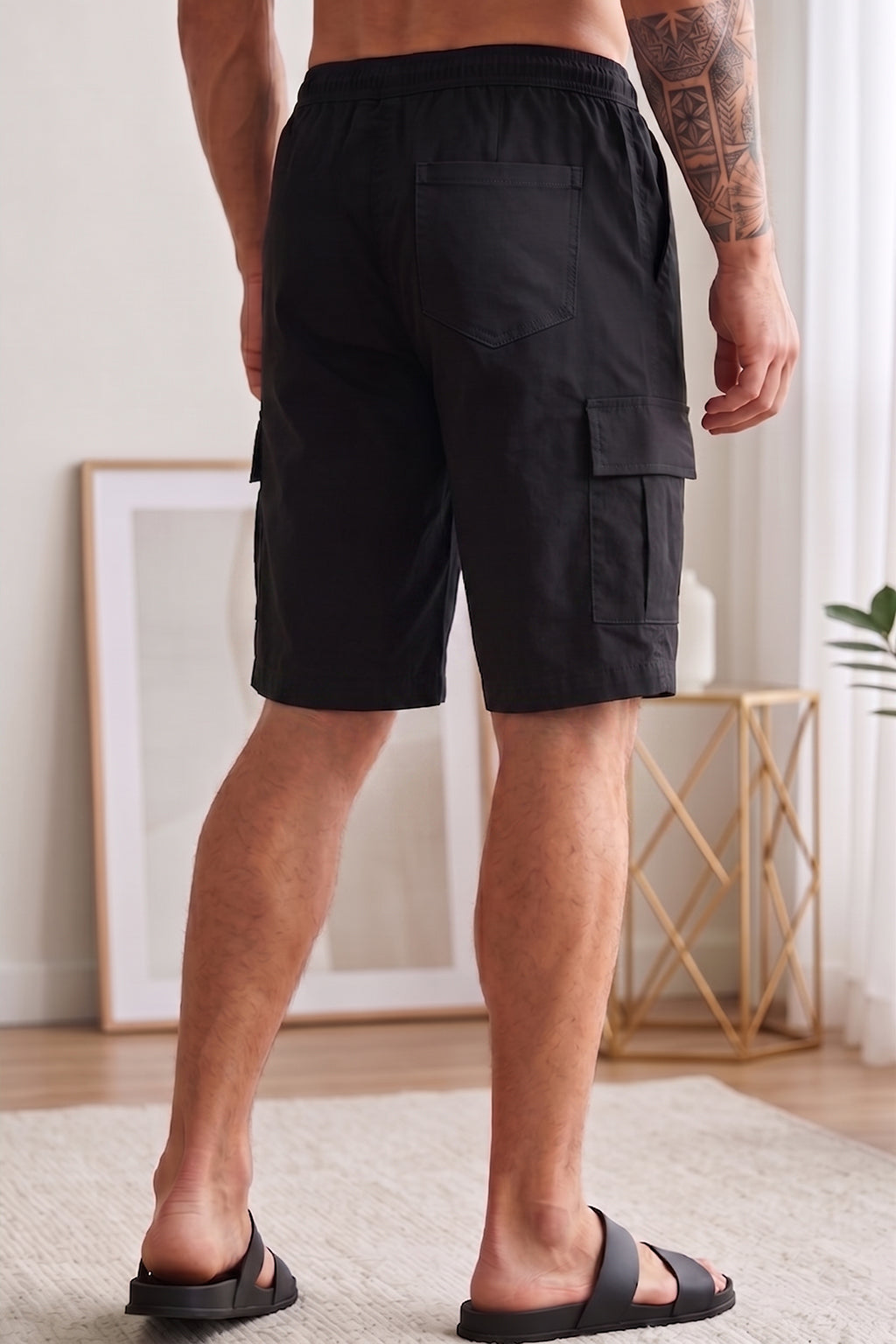 Veirdo Black Minimal Cargo Shorts with Drawstring