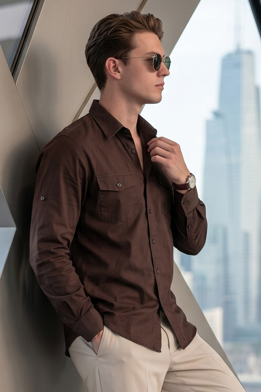 Chocolate Plain Relaxed Fit Full Sleeve Dual Pocket Utility Exclusive Shirt