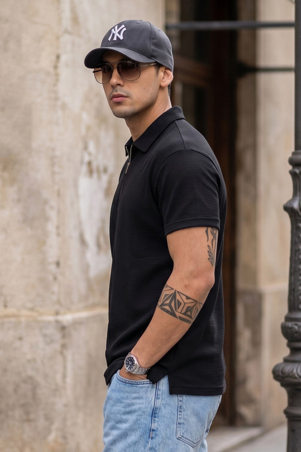 Black Plain Fortec Exclusive Zipper Polo T-Shirt