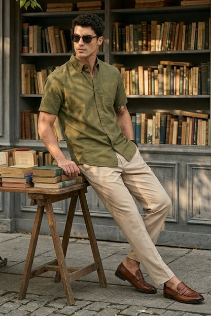 Olive Plain Regular Fit Half Sleeve Single Pocket Exclusive Shirt