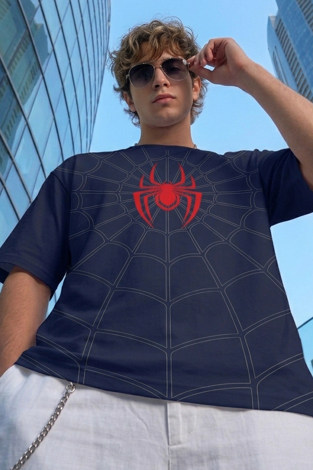 SpiderVerse Webline Navy Oversized Printed T-Shirt