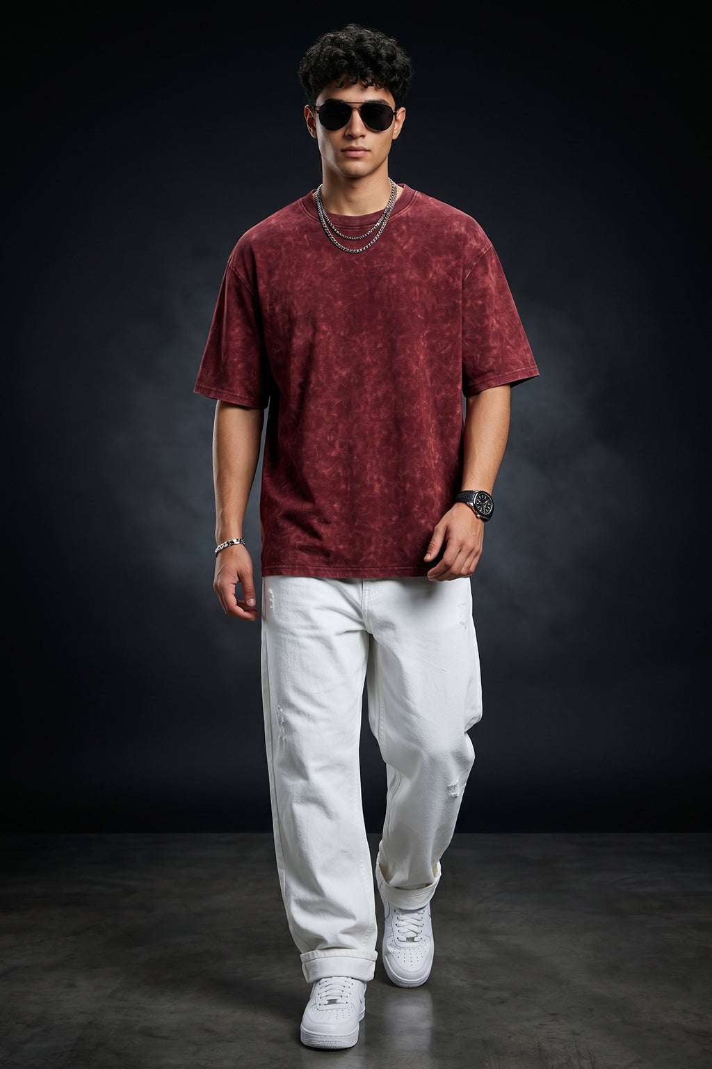 Maroon Plain Oversized Acid Washed Exclusive T-shirt