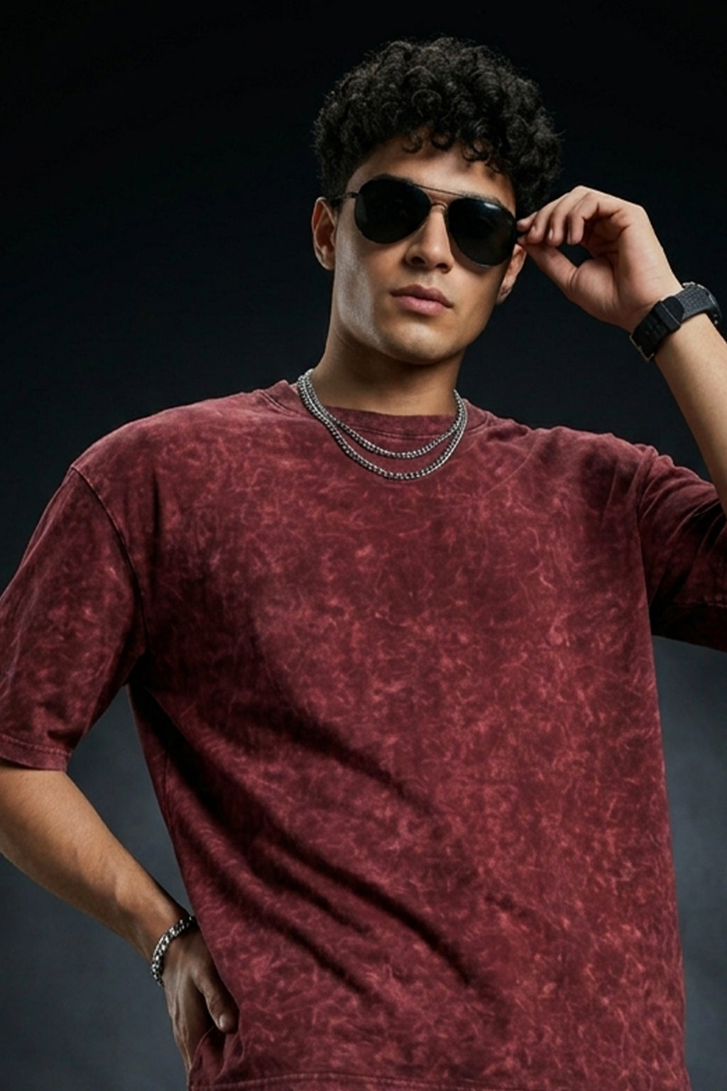 Maroon Plain Oversized Acid Washed Exclusive T-shirt