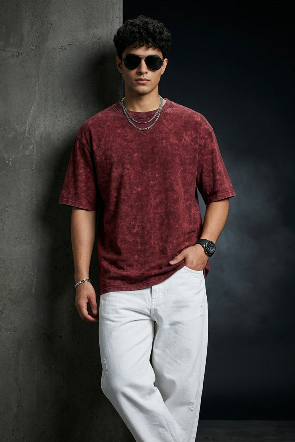Maroon Plain Oversized Acid Washed Exclusive T-shirt