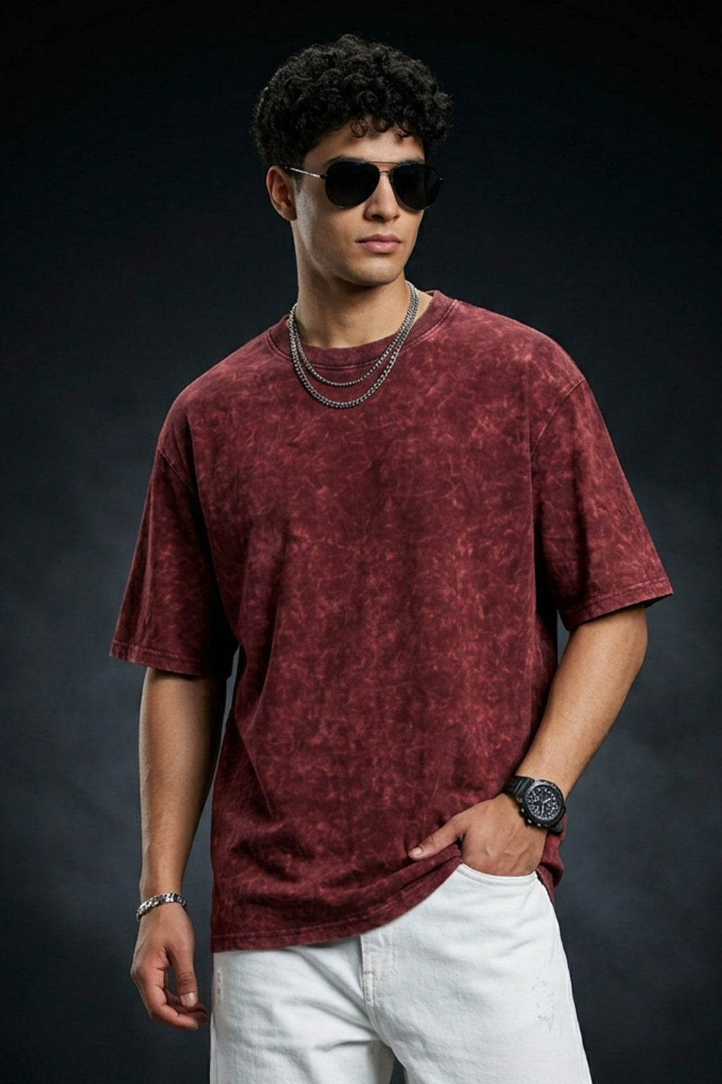 Maroon Plain Oversized Acid Washed Exclusive T-shirt