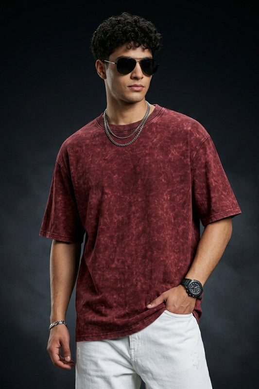 Maroon Plain Oversized Acid Washed Exclusive T-shirt