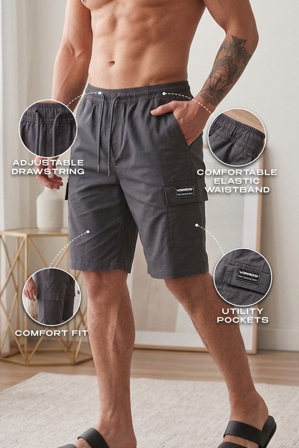 Veirdo Dark Grey Minimal Cargo Shorts with Drawstring