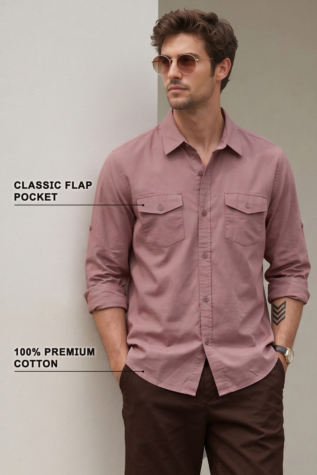 Rose Plain Relaxed Fit Full Sleeve Dual Pocket Utility Exclusive Shirt
