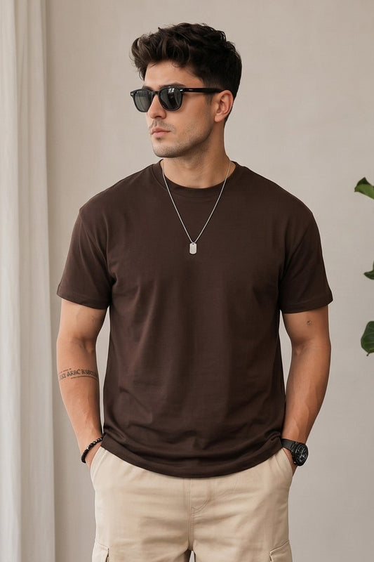 Brown Plain Regular Fit T-shirt