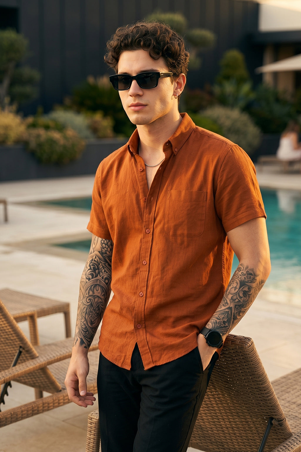 Rust Plain Regular Fit Half Sleeve Single Pocket Exclusive Shirt