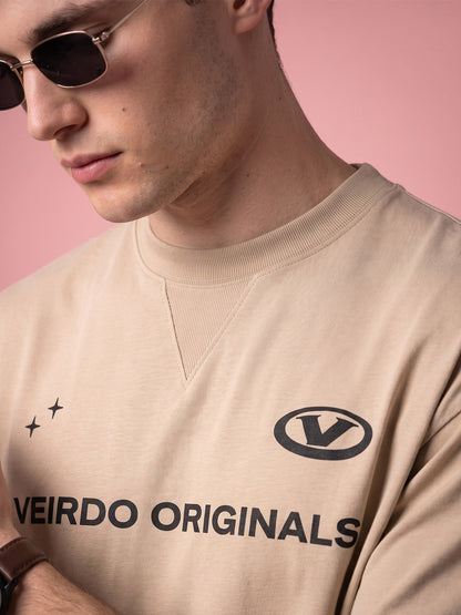 Veirdo Originals Piped Beige Oversized Graphic Printed T-shirt