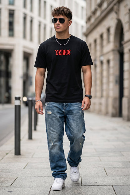 Veirdo Black Regular Fit Puff Printed T-shirt