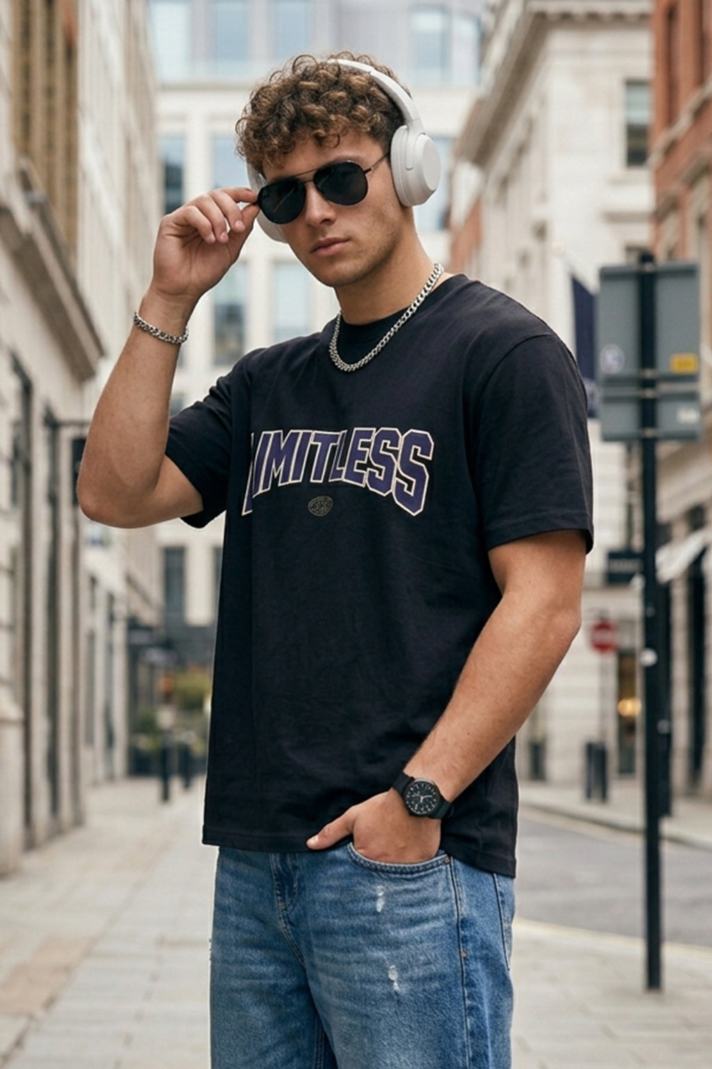 Limitless Black Regular Fit Printed T-shirt