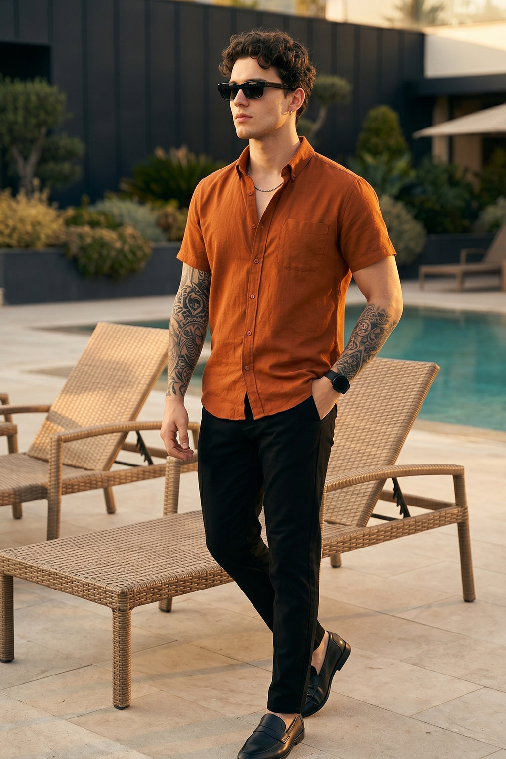 Rust Plain Regular Fit Half Sleeve Single Pocket Exclusive Shirt