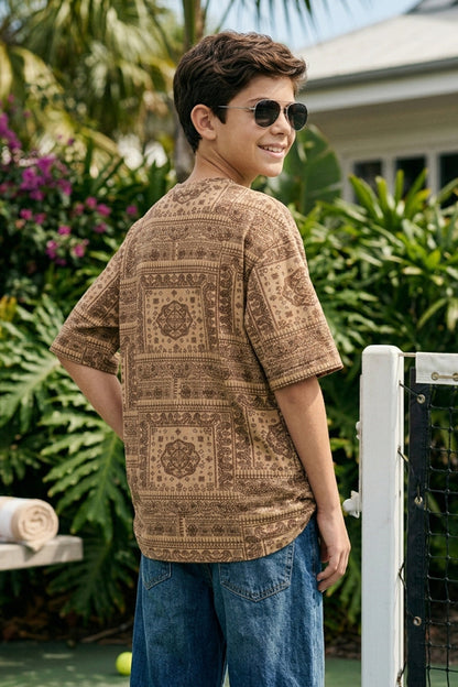 Beige Oversized Paisley Printed Boys T-shirt