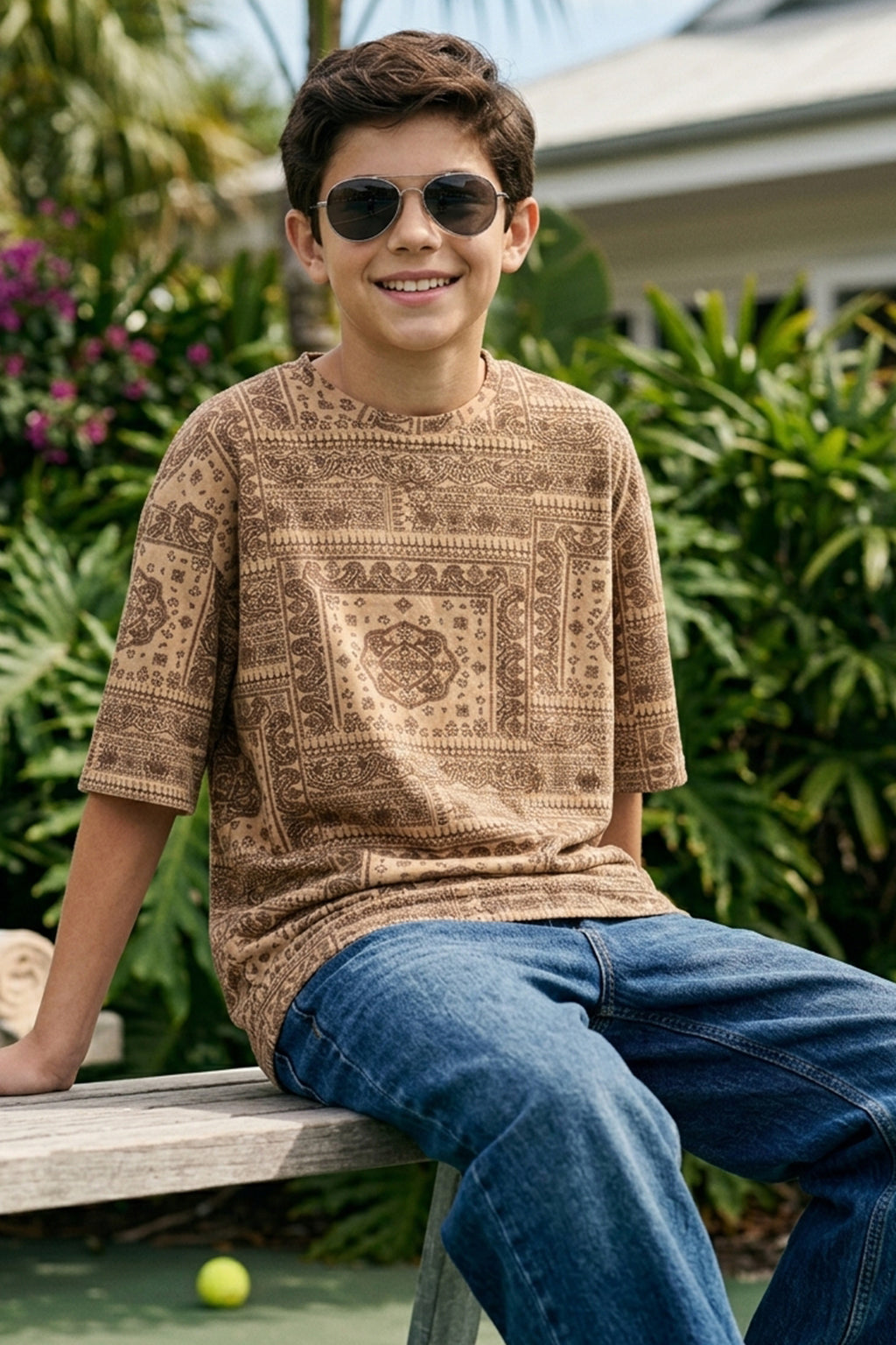 Beige Oversized Paisley Printed Boys T-shirt