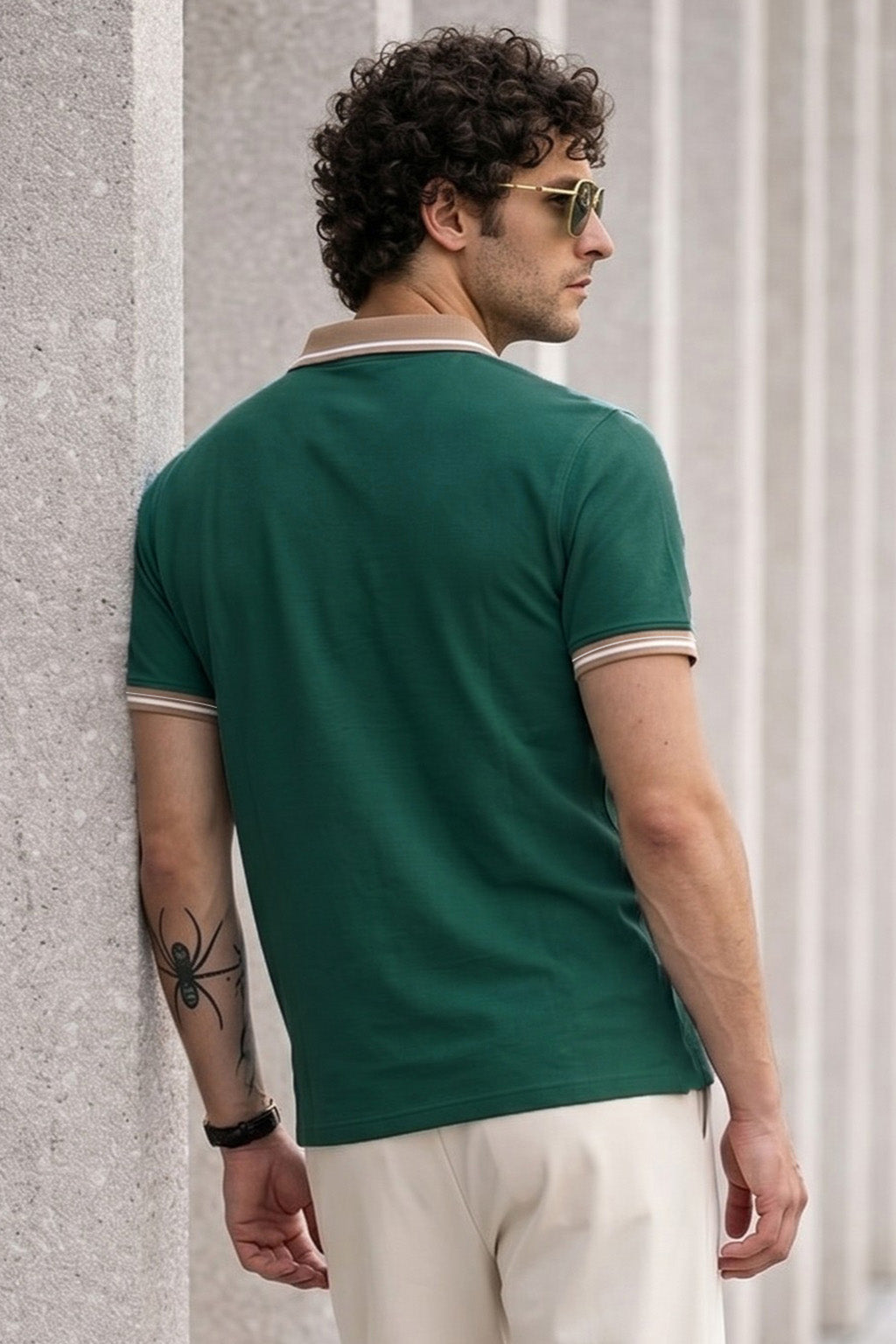 Green Pique Contrast Collar Regular Fit Tipping Polo T-shirt