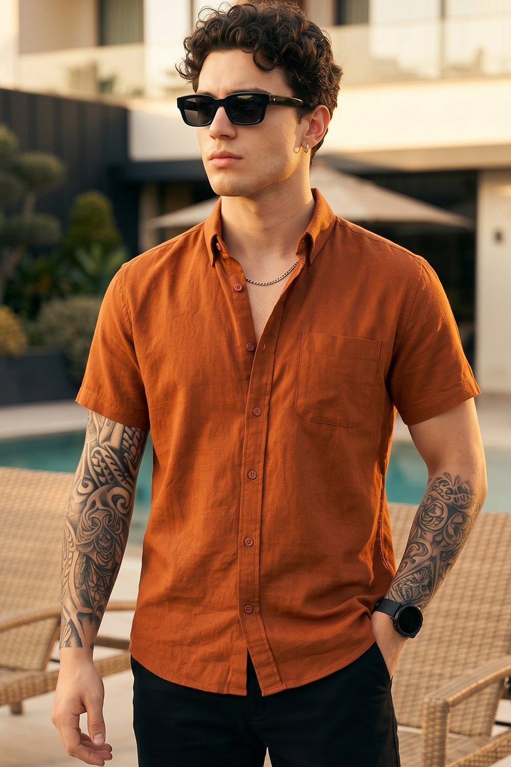 Rust Plain Regular Fit Half Sleeve Single Pocket Exclusive Shirt
