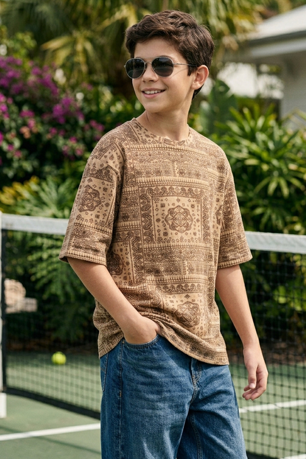 Beige Oversized Paisley Printed Boys T-shirt