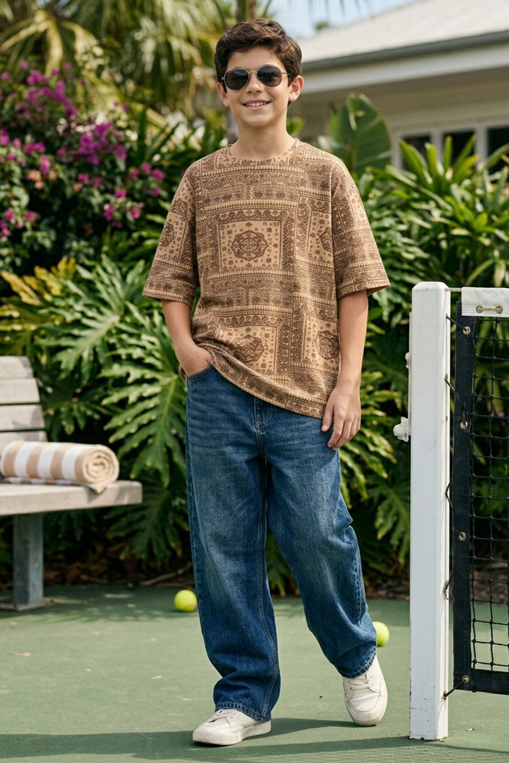 Beige Oversized Paisley Printed Boys T-shirt