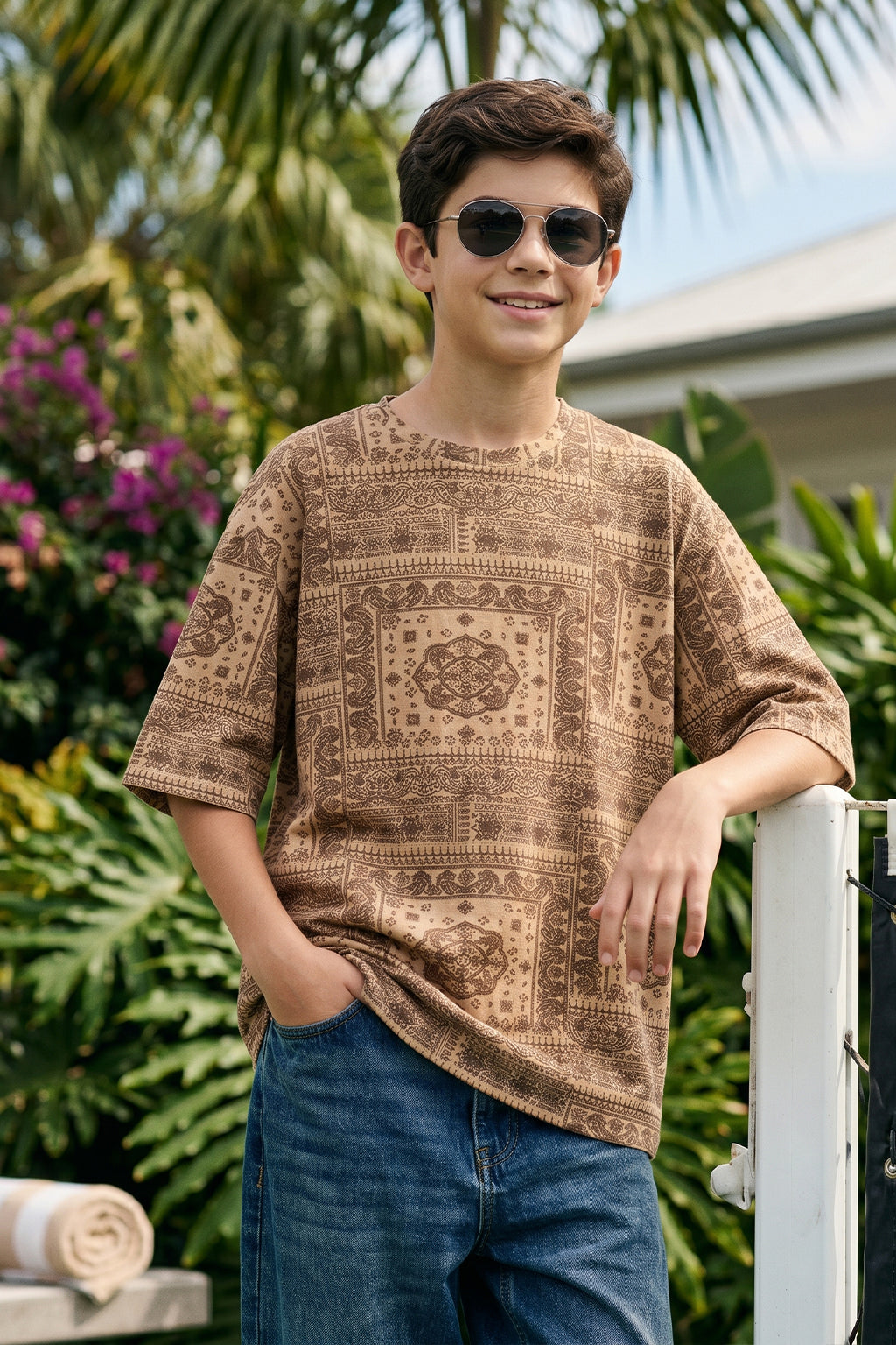 Beige Oversized Paisley Printed Boys T-shirt