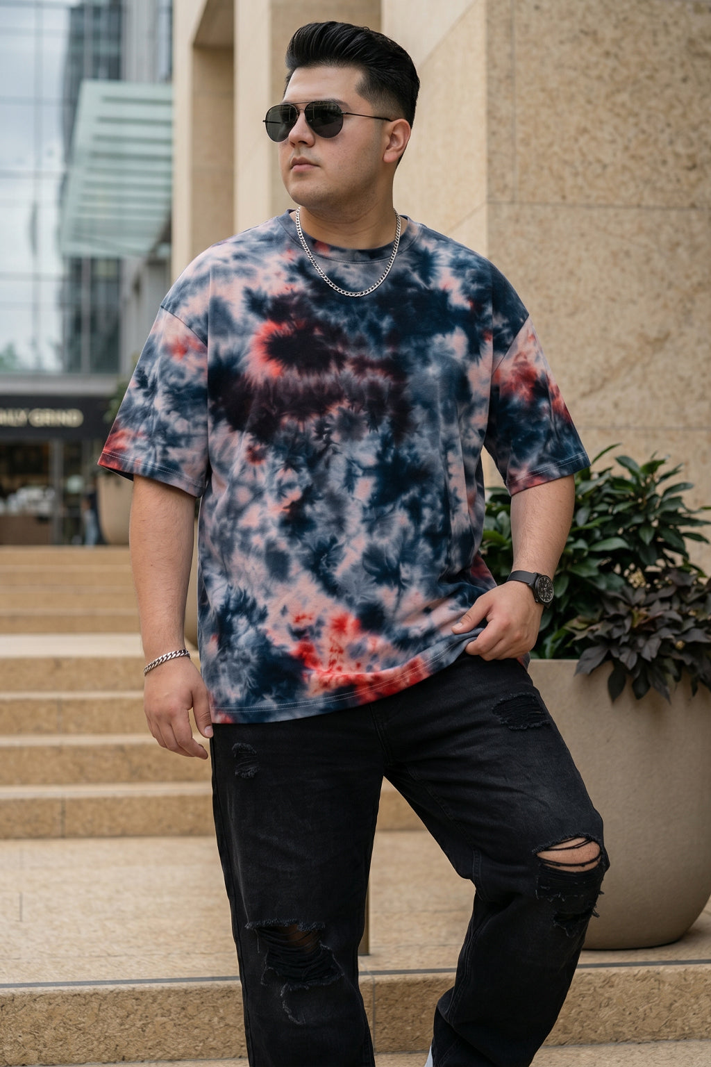 Rust Blue Tie-Die Printed Plus Size T-shirt