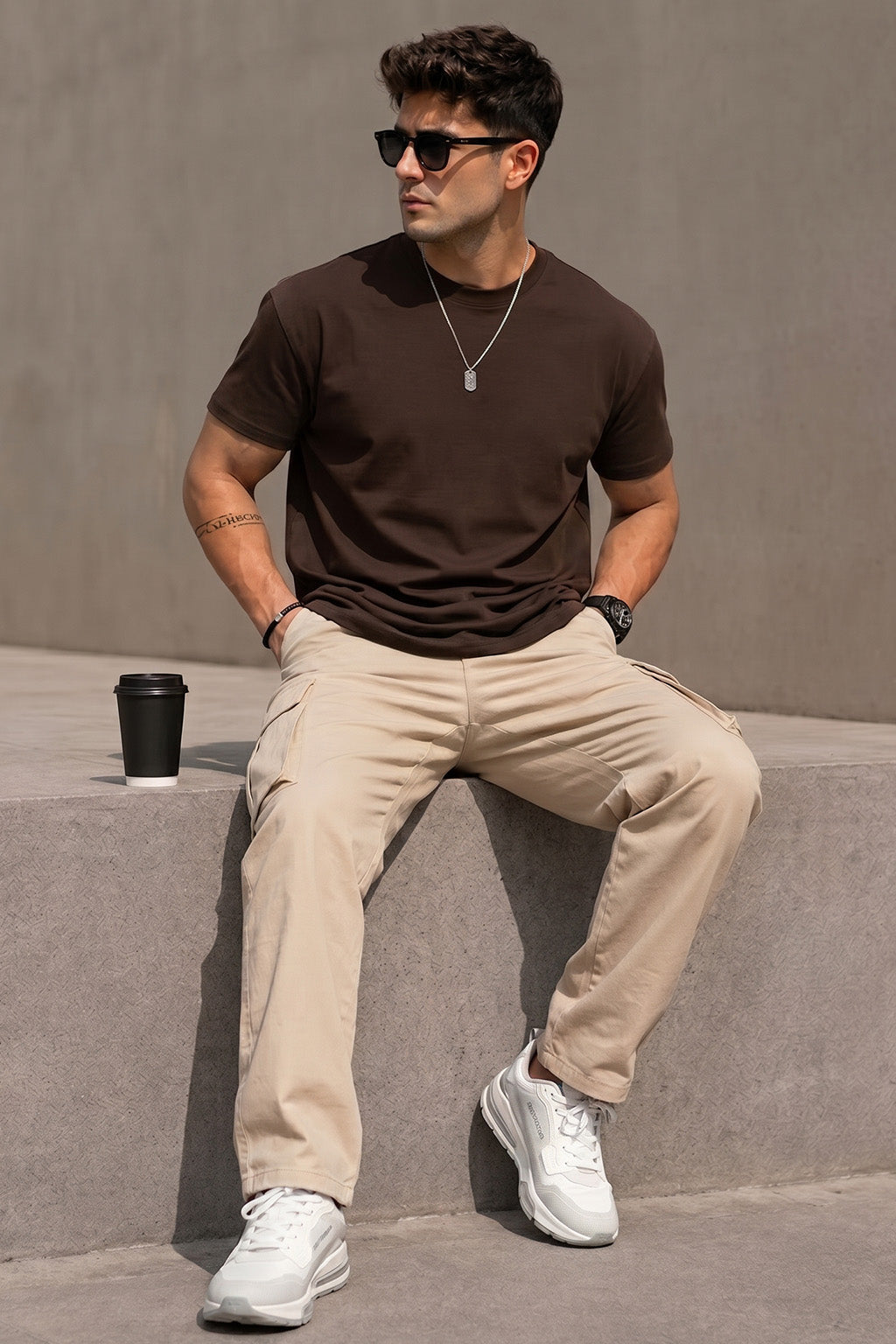 Brown Plain Regular Fit T-shirt