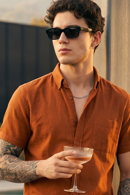 Rust Plain Regular Fit Half Sleeve Single Pocket Exclusive Shirt
