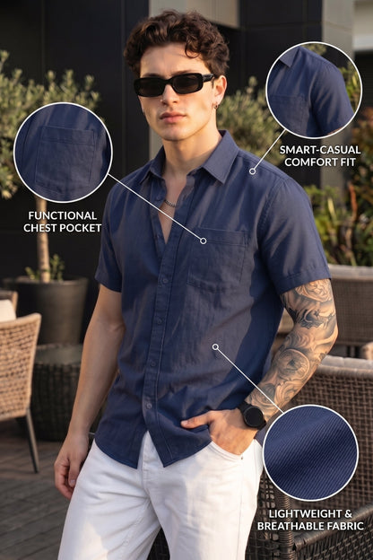 Navy Plain Regular Fit Half Sleeve Single Pocket Exclusive Shirt